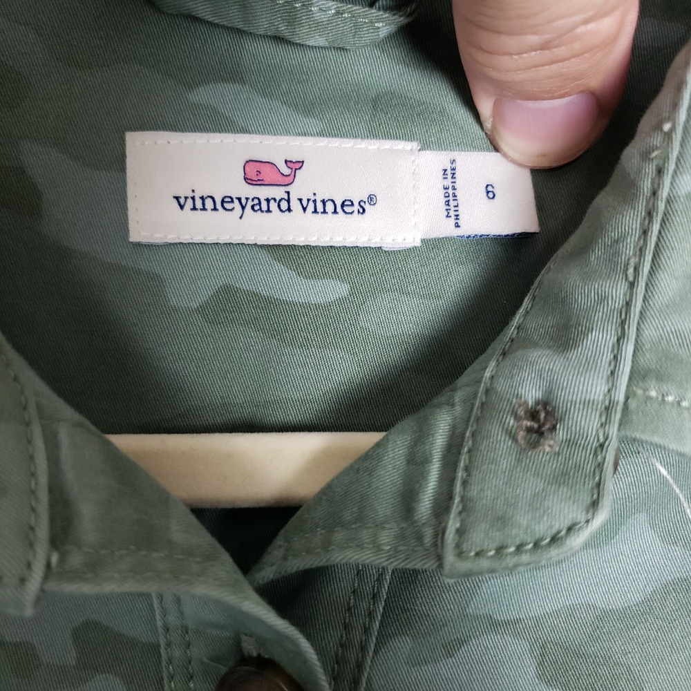 Vineyard Vines Size 6 Margo Shirt Dress Green Camo Granola Girl Casual Earthy - Picture 3 of 7